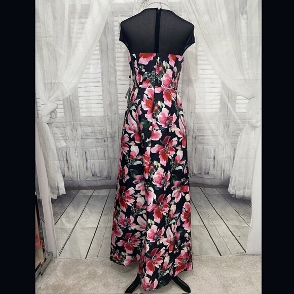 Adrianna Papell Pink Black Illusion Floral Mikado Gown Dress Formal Full Length - Picture 4 of 16
